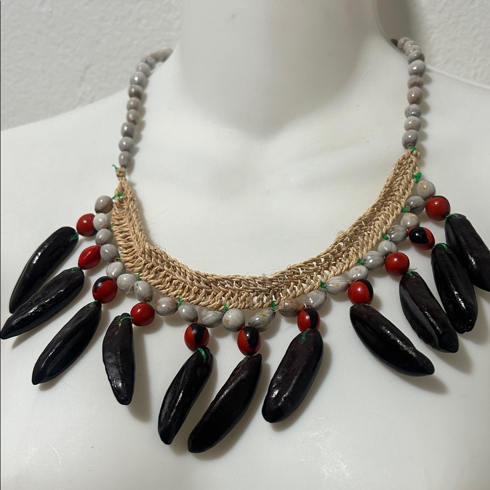 Handcrafted Beaded Necklace with Black and Red Accents